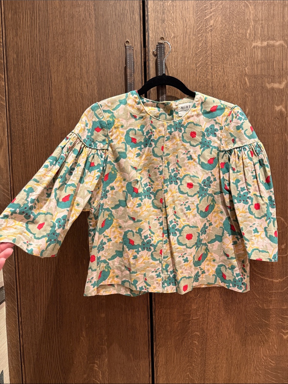 MIRTH Floral Puff-Sleeve Blouse in Cream with Green & Red Accents
